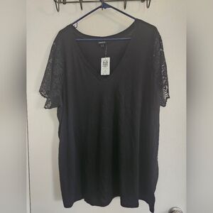 Black Lace Sleeve V-Neck Top